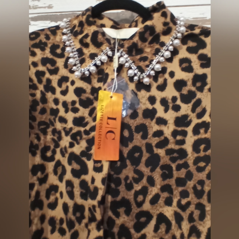 Embellished Brown and Black Bib Collar Blouse